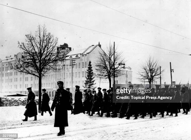 Russian troops marching through Viborg in Finland, during the occupation period.