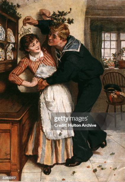 Sailor tries to kiss a young woman under a sprig of mistletoe. William Small