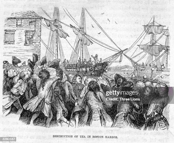 Rioters dressed as American Indians throwing boxes of tea into Boston Harbour, whist being urged on by a mob of Bostonians.