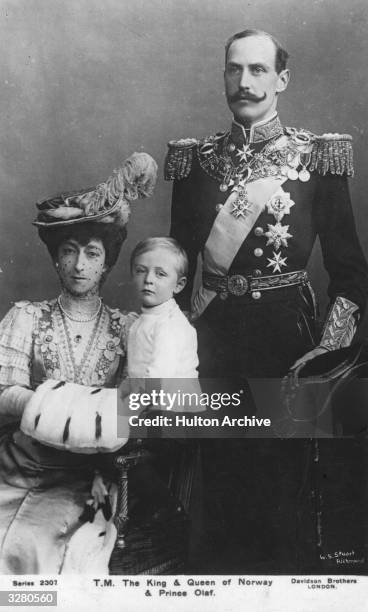 Haakon VII , King of Norway from 1905, son of Frederik VIII. Succeeded by his son Olav V. Seen here with his wife Maud , daughter of Edward VII, and...