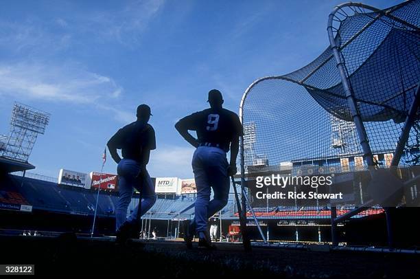 General view of players waiting for batting practice prior to the game between the Detroit Tigers and the Kansas City Royals at Tiger Stadium in...