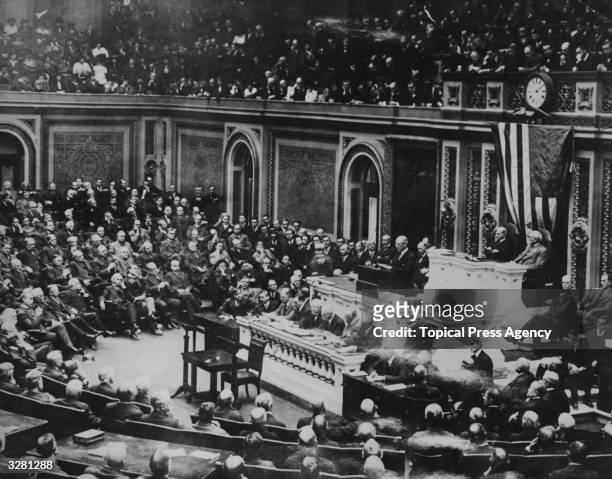 President Wilson tells the assembled houses of Congress of the break with Germany. Votes in House of 373 to 50 and 82 to 6 in the Senate, in favour...