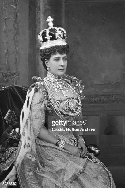 Queen Alexandra, , queen-consort of British monarch Edward VII, , whom she married as Prince of Wales in 1863, at her coronation in London.