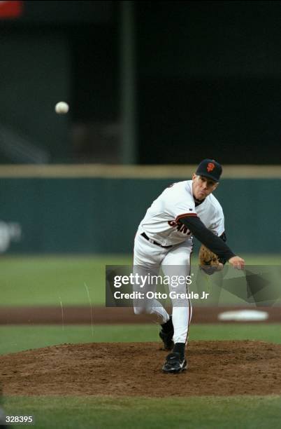 Pitcher Orel Hershiser of the San Francisco Giants in action during an interleague game against the Texas Rangers at 3COM Park in San Francisco,...