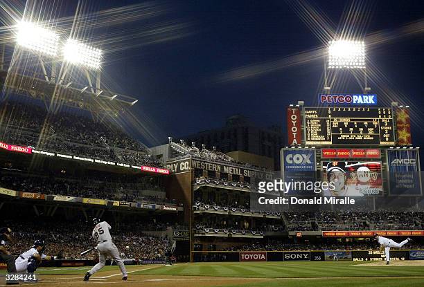 Barry Bonds of the San Francisco Giants at bat against Pitcher David Wells of the San Diego Padres Opening Game Day at Petco Park on April 8, 2004 in...