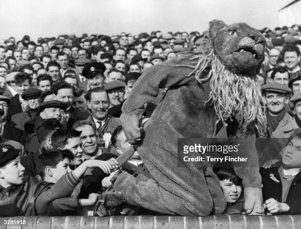 The Millwall Lion, the football club's mascot, joins the crowd before kick-off of the FA Cup match between Millwall and Birmingham City.