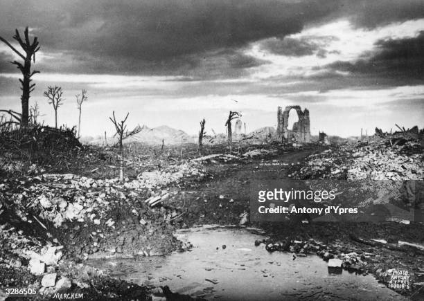 View of Merckem in Belgium, in ruins after enemy bombardment.