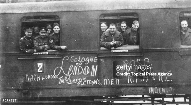 British servicemen leave Cologne bound for London, 1919. They have been serving in the occupying British Army of the Rhine under the terms of the...