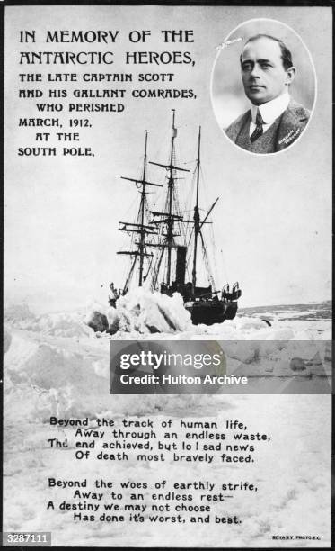 Black-edged mourning post card in memory of Captain Scott and his comrades who perished March 1912 at the South Pole.