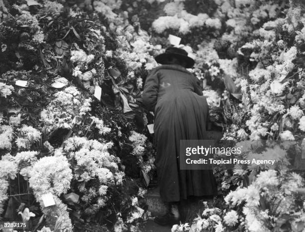 Woman placing flowers at the Cenotaph in memory of the dead of the Great War, 11th November 1920.