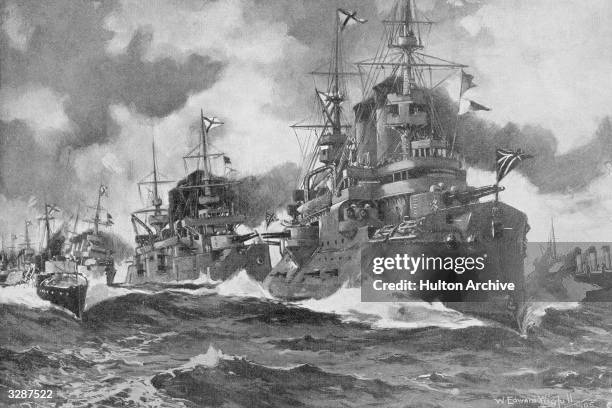 The Russian fleet as it steamed forth for the last time in the Russo-Japanese War. The ship in front is flying the Russian fortress flag, which is...