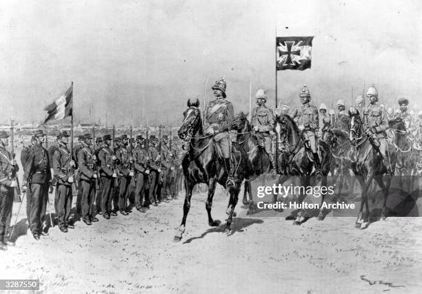 Field Marshal Waldersee inspects French troops at Shanghai during the Boxer Rebellion.