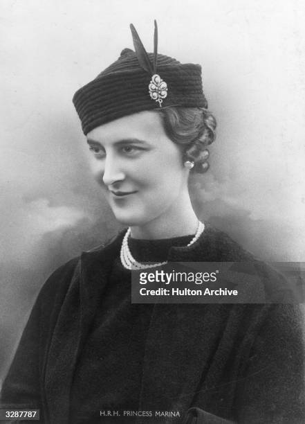 Marina, Duchess of Kent, , born Princess Marina of Greece, wearing the 'Marina hat' copies of which became the rage in 1934.