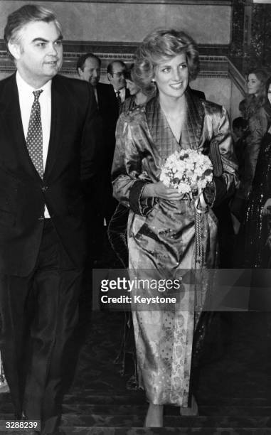 Diana, the Princess of Wales with the Minister of State for Industry at a reception at Lancaster House, held for London Fashion Week.