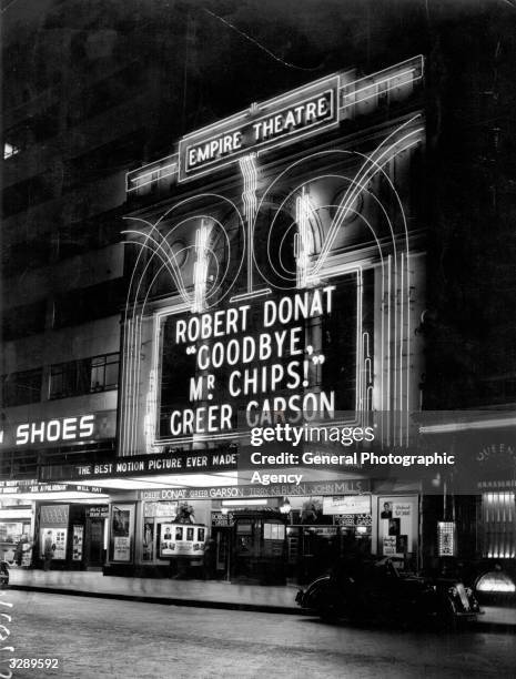 The Empire cinema in Leicester Square, London, showing 'Goodbye Mr Chips' with Greer Garson and Robert Donat.