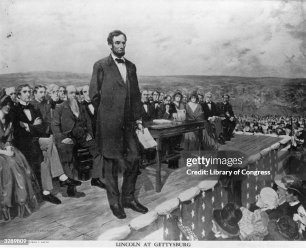 Abraham Lincoln, the 16th President of the United States of America, making his famous 'Gettysburg Address' speech at the dedication of the...