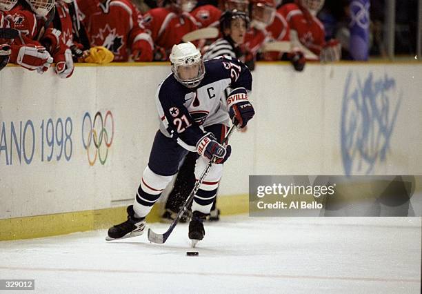 Catherine "Cammi" Granato of the United States women''s hockey team in action during the Winter Olympics at a game against Canada in Nagano, Japan....