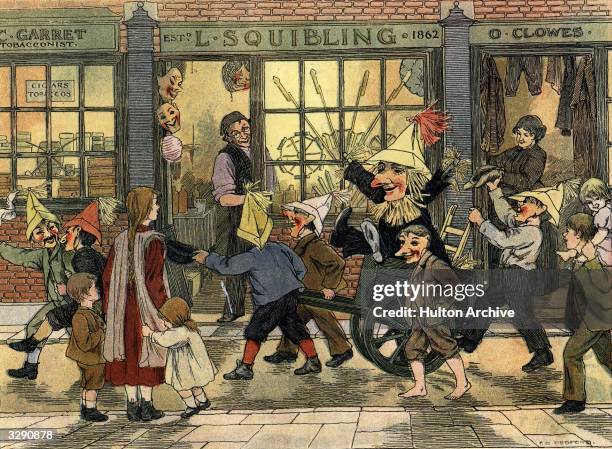 Children dressed in masks and paper hats, take a straw guy through the streets asking for pennies. Original Artist: By F D Bedford.