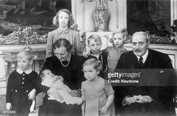 Christian X of Denmark , King of Denmark from 1912, and of Iceland from 1888, with his wife Queen Alexandrine and their grandchildren. From left,...