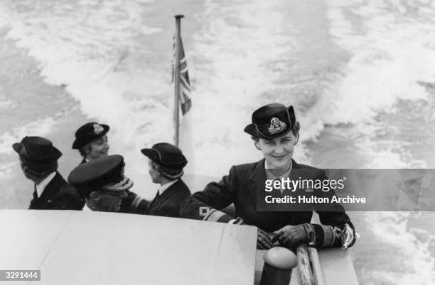 Her Royal Highness the Duchess of Kent on a boat during a visit to Greenwich to inspect the WRENS.