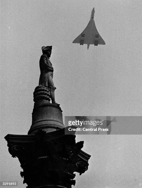 Concorde 002 flies over Nelson's Column in London's Trafalgar Square, 14th June 1969.