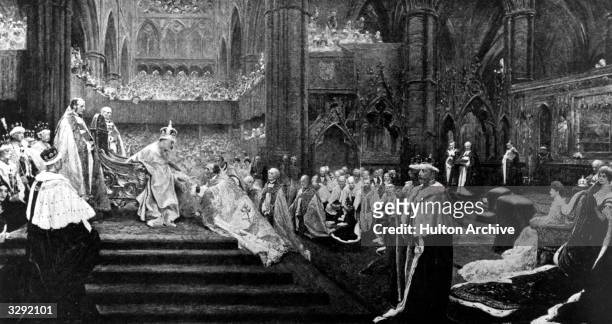 The homage giving at the coronation of Edward VII in Westminster Abbey. Original Artwork: Painting by J H F Bacon, 'The Homage Giving'.