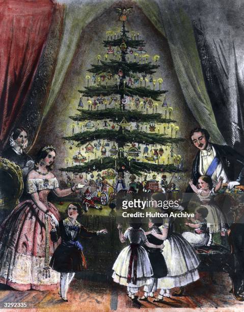 The Royal Christmas tree is admired by Queen Victoria, Prince Albert and their children.