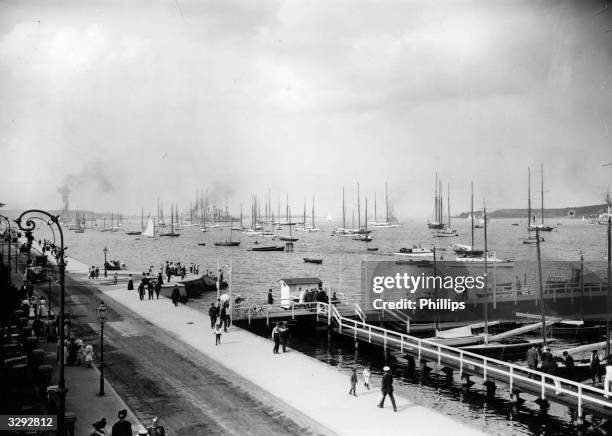 Kiel harbour with yachts at anchor.