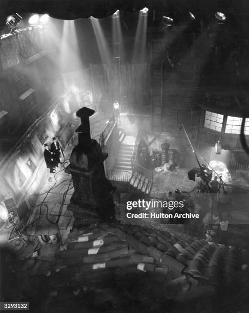 View down from the rafters of the Paramount sound stage recreating London's Soho district for the film 'Doctor Jekyll and Mr Hyde', directed by...