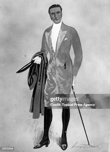 Gentleman's dinner suit, with cutaway jacket and knickerbockers, silk stockings and buckled low heeled shoes.