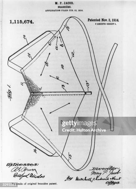 Copy of the first patent for the brassiere, filed on 12th February 1914, by Mary P Jacob.