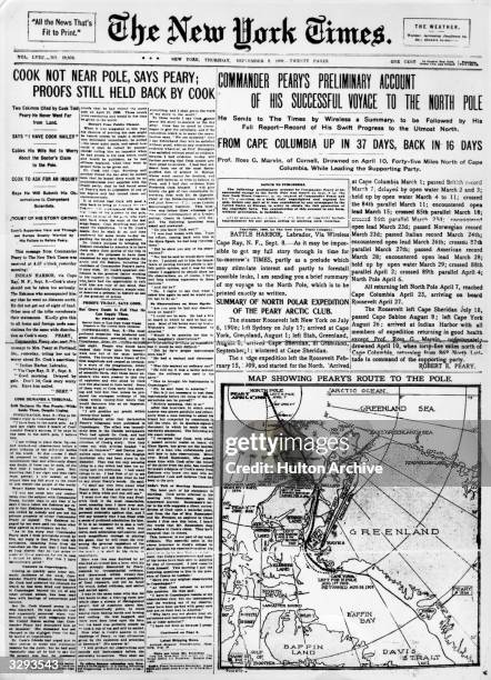 The New York Times front page exposes physician and explorer Frederick Cooks' fraudulent claims to have reached the North Pole ahead naval commander,...