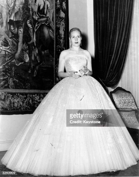 Eva Peron , wife of the Argentine President, in a ball gown attending a national feast commemorating Argentina's 141st Independence day.