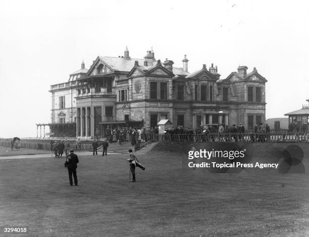 Golfers gathered at the famous clubhouse at St Andrews, Fife. The Royal and Ancient Golf Club at St Andrews was founded in 1754 and recognised as the...