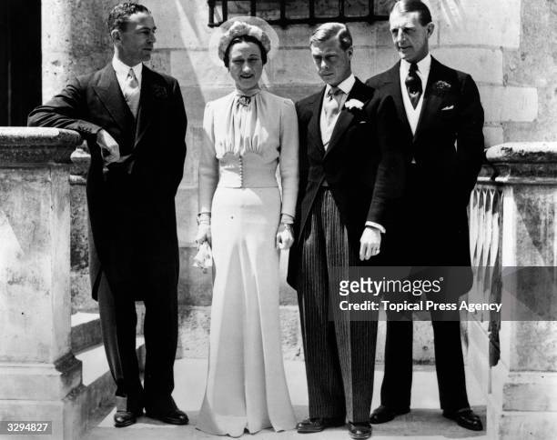 The Duke and Duchess of Windsor on their wedding day at the Chateau de Conde, Tours, France. From left: Herman Rogers, the Duchess of Windsor , the...