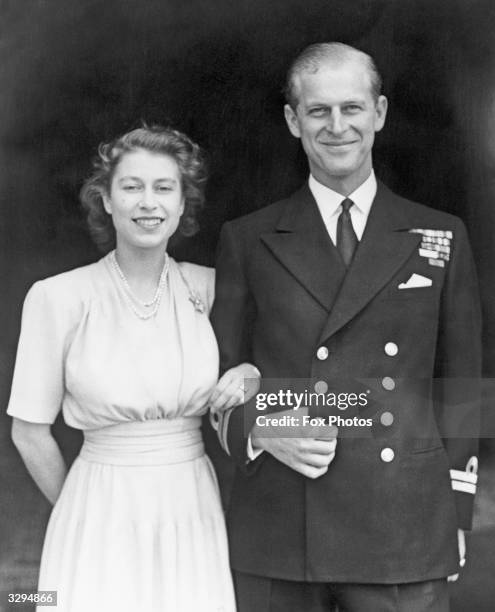 Princess Elizabeth and Prince Philip, Duke of Edinburgh at Buckingham Palace, London shortly after they announced their engagement.