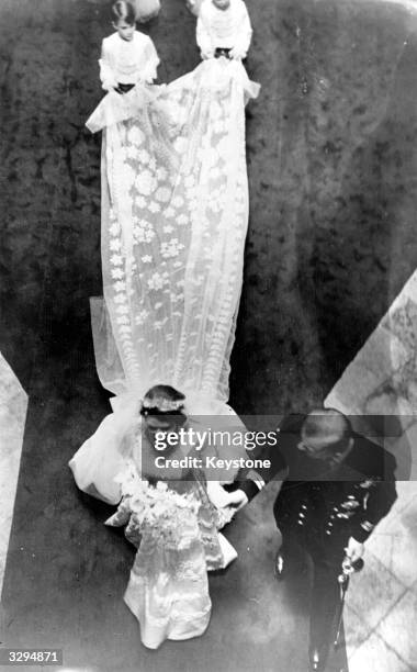 Princess Elizabeth and The Prince Philip, Duke of Edinburgh leaving Westminster Abbey after their wedding ceremony.