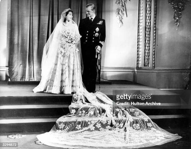 Princess Elizabeth, and The Prince Philip, Duke of Edinburgh at Buckingham Palace after their wedding.