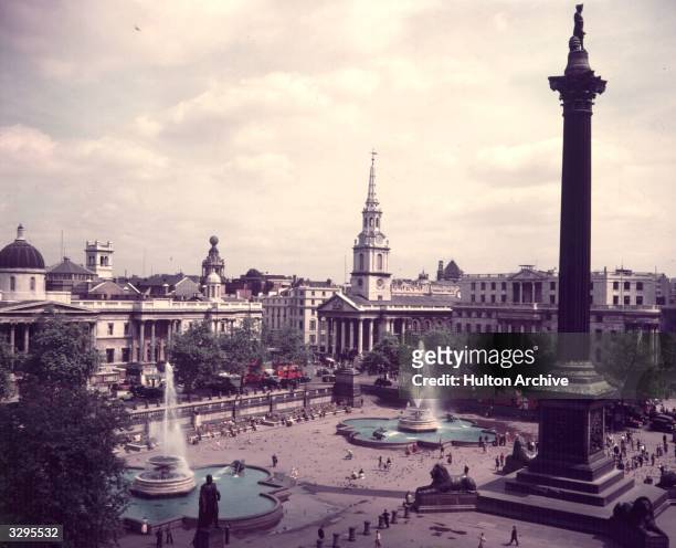 Trafalgar Square, London and Nelson's Column with the two fountains in operation.
