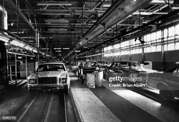 Unfinished cars on the Ford assembly line in Mahwah, New Jersey, USA during a strike.