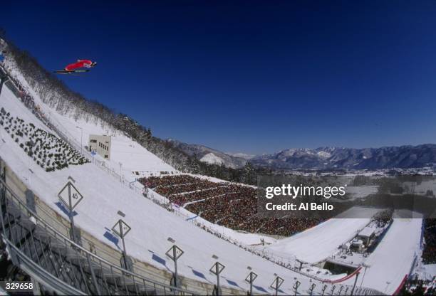 Jaroslav Sakala of the Czech Republic takes his jump in the K90 ski jumping competition in Hakuba during the 1998 Winter Olympic Games in Nagano,...