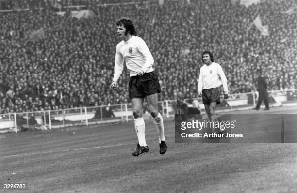 Football player for England, Southampton and Manchester City, Mick Channon, playing in a match at Wembley.