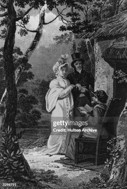 King Leopold I of Belgium , Queen Victoria's uncle, with Charlotte Princess of Wales walking through a romantic glade and talking to a man. They were...