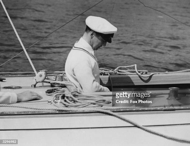 The Crown Prince of Norway, later King Olaf V , takes part in the International Coronation Regatta at Torbay. He was an expert helmsman.