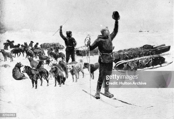 Norwegian explorer Fridtjof Nansen and his colleague Johansen prepare to set out on foot across the Polar ice during their attempt to reach the North...