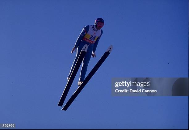 Eddie Edwards of Great Britain in action in the 90 meter ski jump during the Winter Olympics in Calgary, Alberta, Canada.