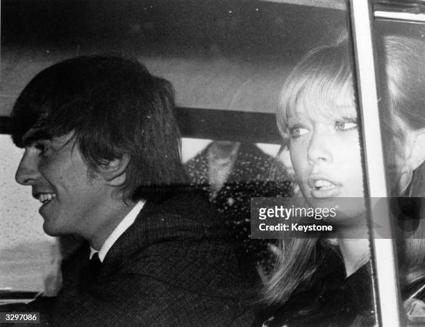 George Harrison , of the pop group The Beatles, and his girlfriend Patti Boyd arrive back in Britain after a month-long holiday on an island in the...
