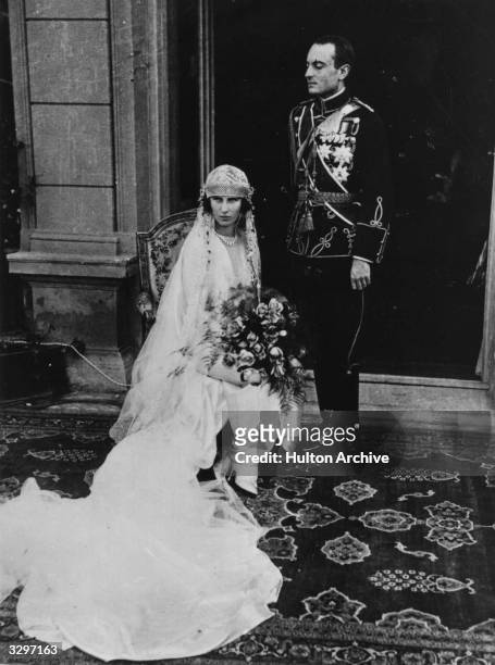 Olga, Princess of Greece, daughter of Prince Nicholas of Greece, with her groom, Paul, Prince of Serbia, on their wedding day.