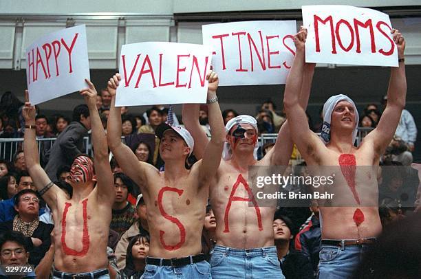 Hockey fans wish their moms a happy Valentine''s day during the USA v Sweden game at Big Hat Arena during the 1998 Winter Olympic Games in Nagano,...