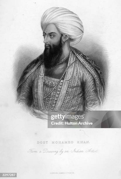 Dost Mohamed Khan , ruler of Afghanistan, wearing a turban and rich clothing, from a drawing by an Indian artist.